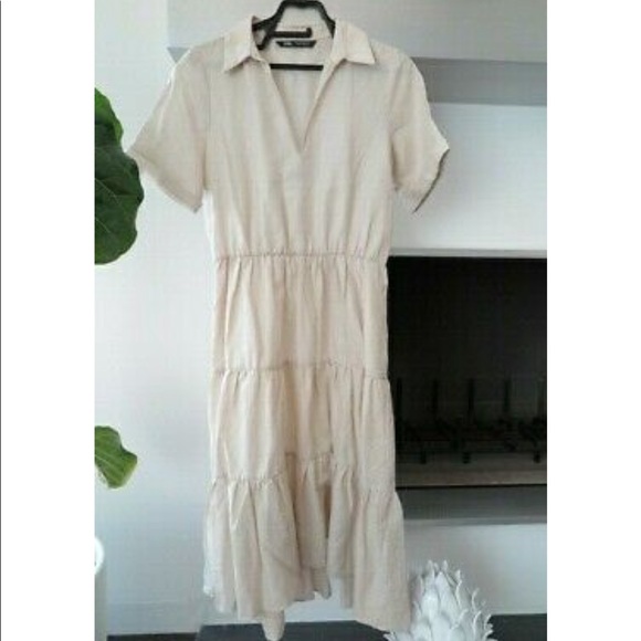 Zara Cotton Beige Belted Midi Tiered Dress - Picture 3 of 5